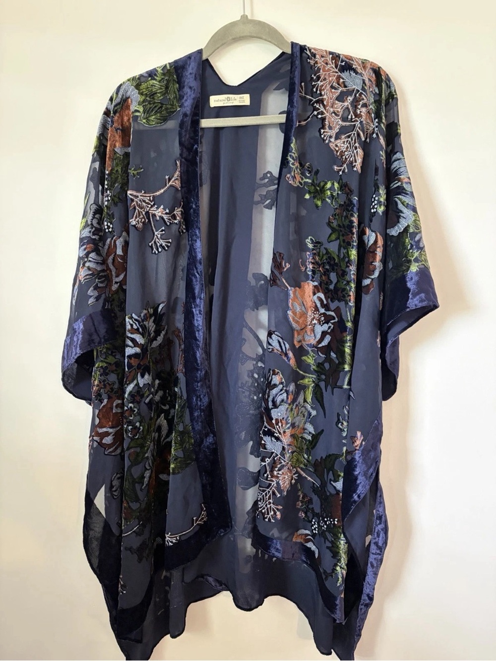 NATURAL LIFE Navy Sheer Floral Kimono Top with Velvet Trim